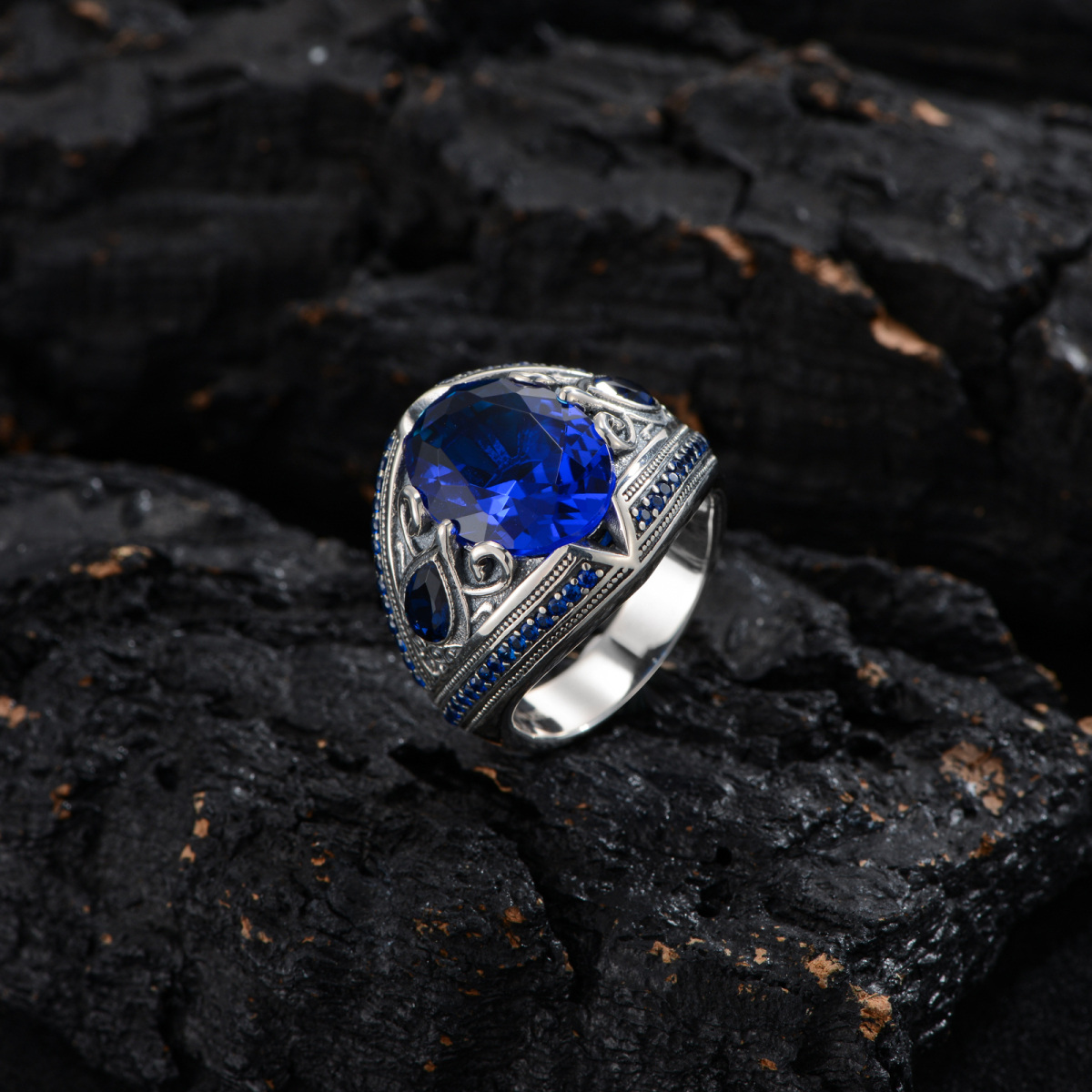 Anillo de plata oxidada azul marino personalizado con piedra de nacimiento-4