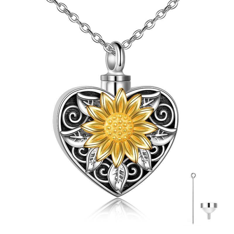 Sterling Silver Vintage Oxidized Sunflower & Heart Urn Necklace for Ashes-8