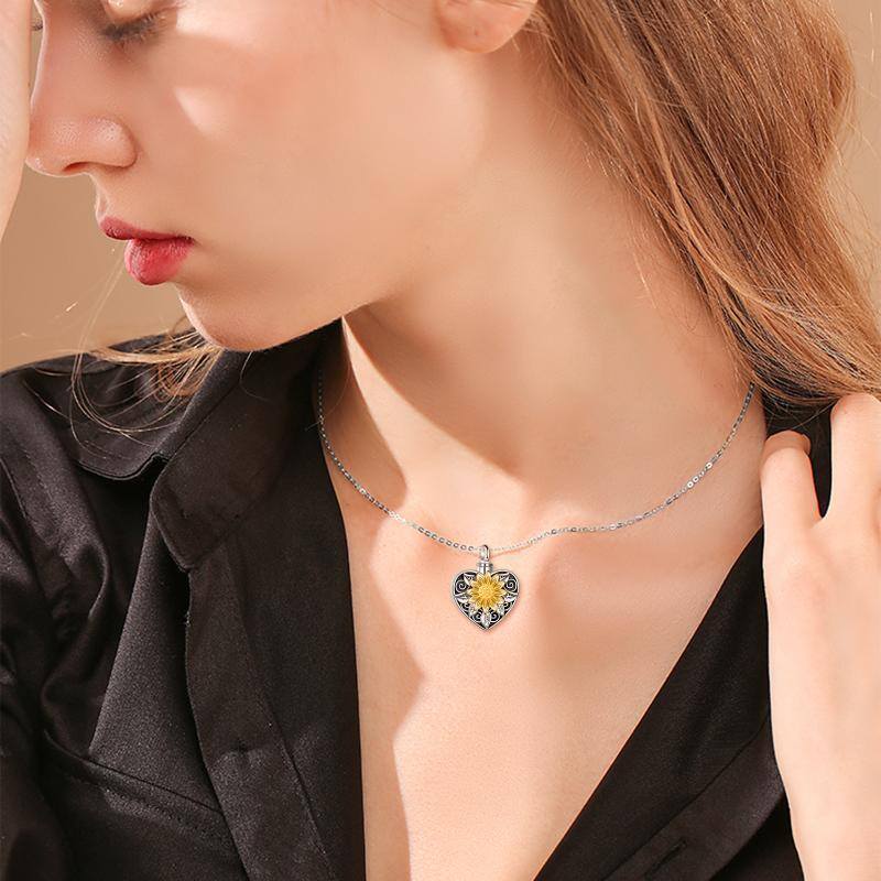 Sterling Silver Vintage Oxidized Sunflower & Heart Urn Necklace for Ashes-2