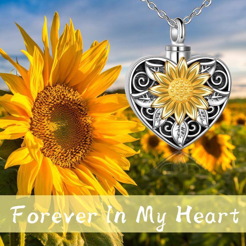 Sterling Silver Vintage Oxidized Sunflower & Heart Urn Necklace for Ashes-3