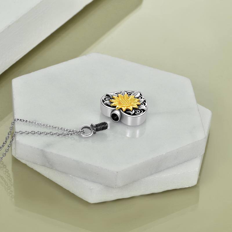 Sterling Silver Vintage Oxidized Sunflower & Heart Urn Necklace for Ashes-5