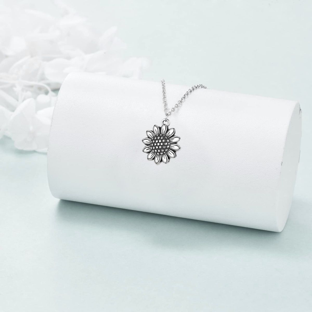 Sterling Silver Vintage Oxidized Sunflower Pendant Necklace-5