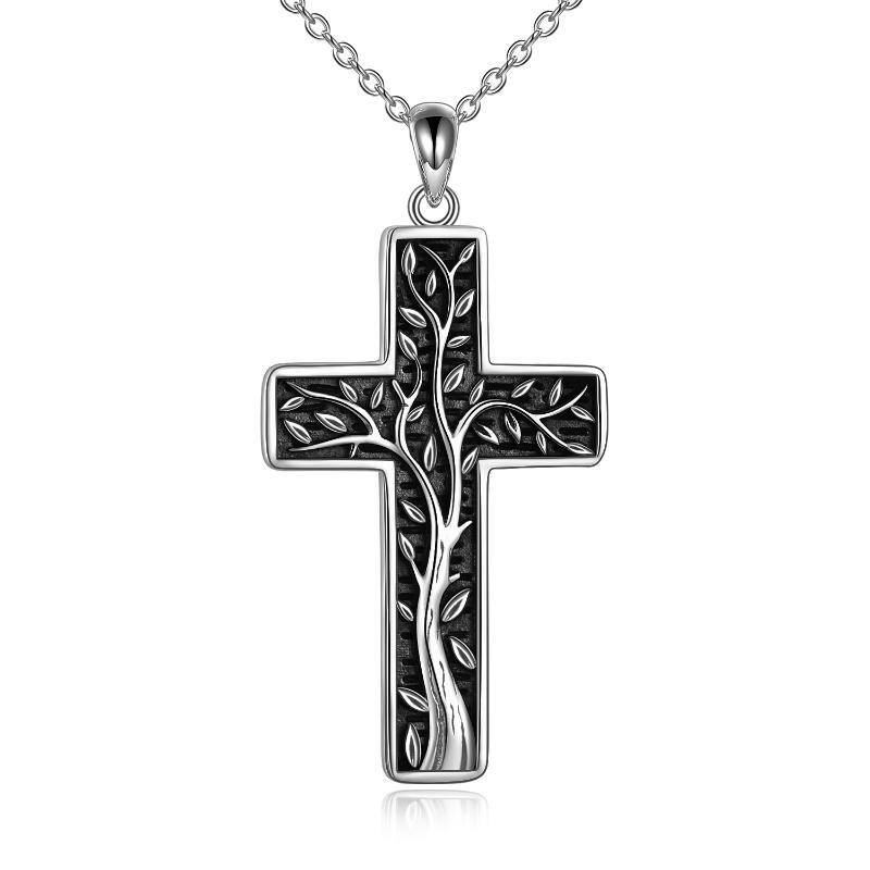 Sterling Silver Vintage Oxidized Tree Of Life & Cross Pendant Necklace-5