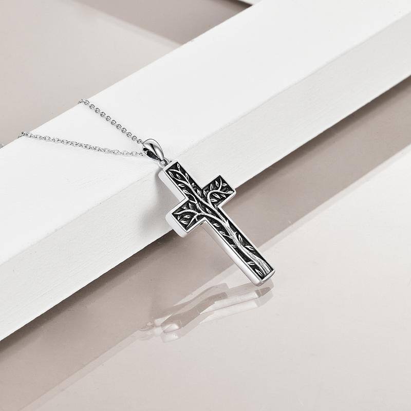 Sterling Silber Vintage oxidiert Baum des Lebens & Kreuz-Anhänger Halskette-4