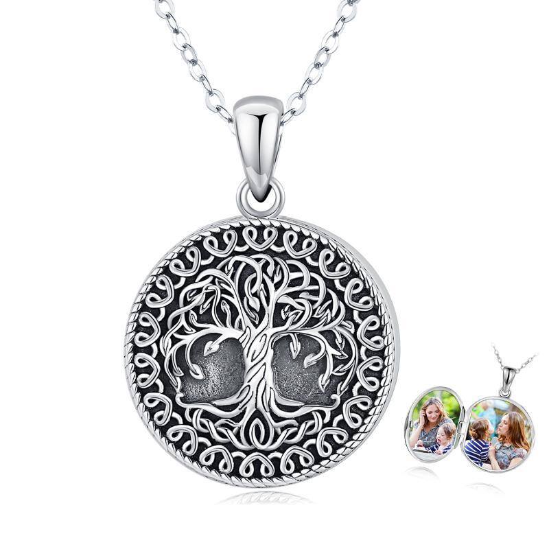 Plata de Ley Vintage Oxidado Árbol de la Vida Personalizada Foto Locket Collar-1