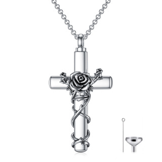 Sterling Silver Vintage Rose & Cross Urn Necklace for Ashes-36