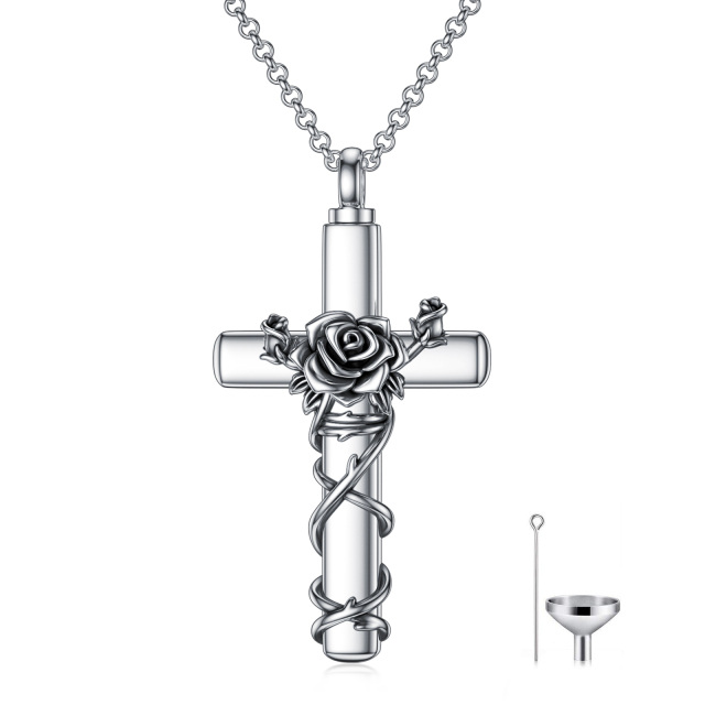 Sterling Silver Vintage Rose & Cross Urn Necklace for Ashes