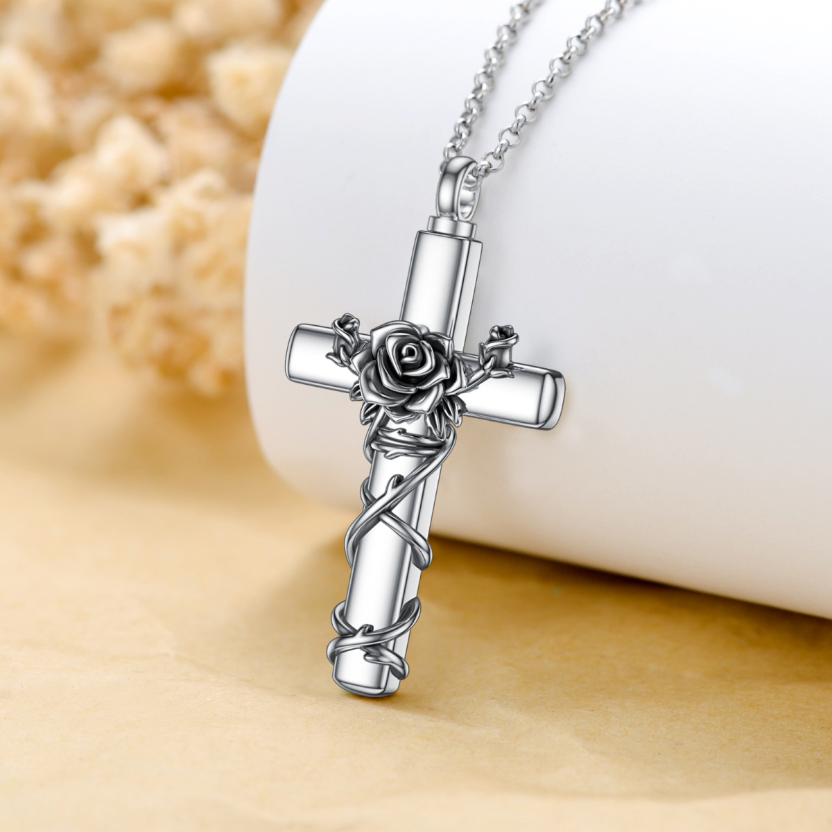 Sterling Silver Vintage Rose & Cross Urn Necklace for Ashes-3