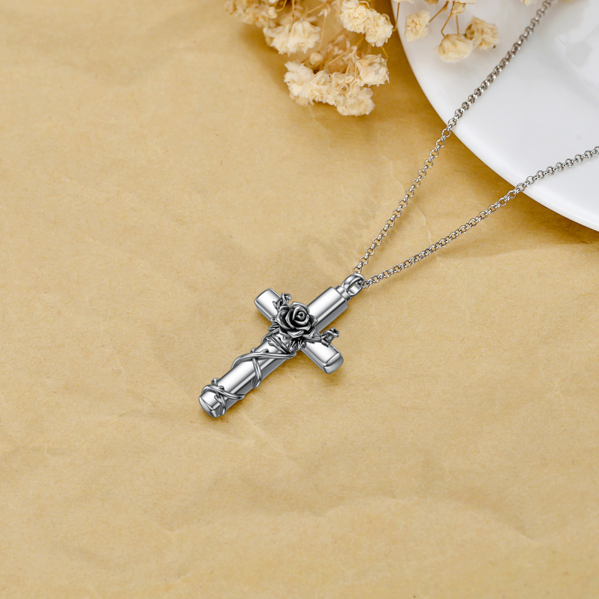 Sterling Silver Vintage Rose & Cross Urn Necklace for Ashes-4