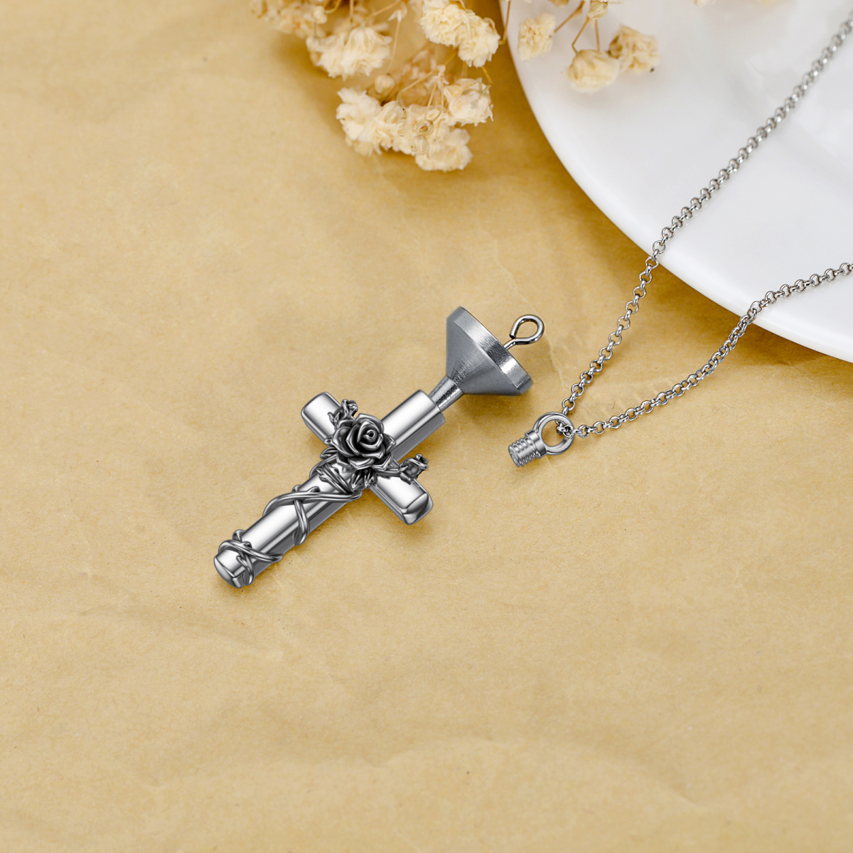 Sterling Silver Vintage Rose & Cross Urn Necklace for Ashes-5