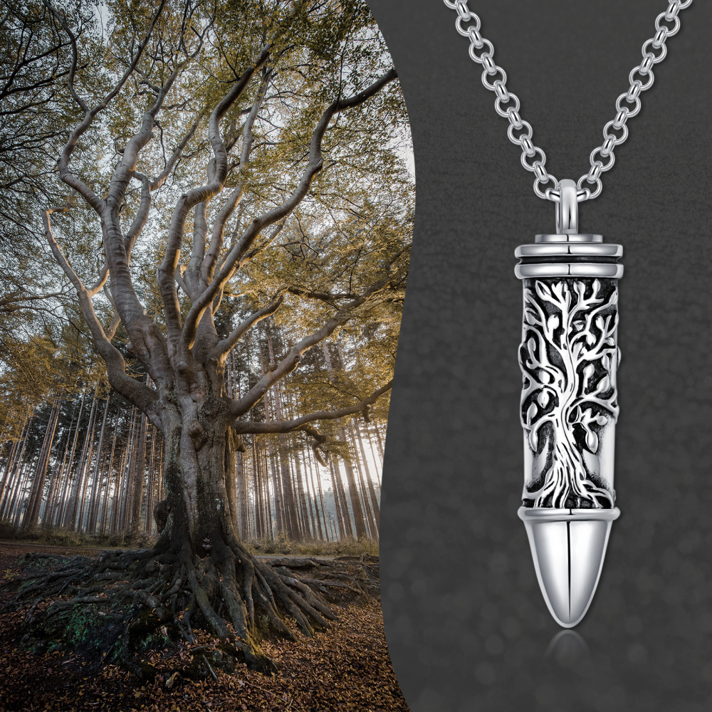 Sterling Silver Vintage Tree Of Life & Bullet Urn Necklace for Ashes-3