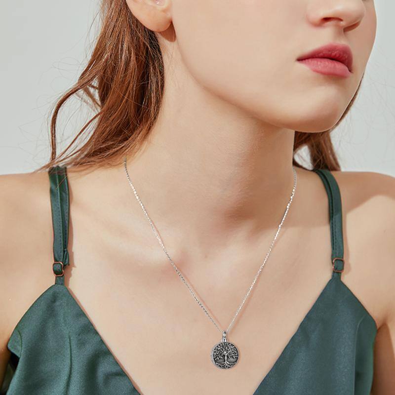 Sterling Silver Vintage Tree Of Life Urn Necklace for Ashes with Engraved Word-2