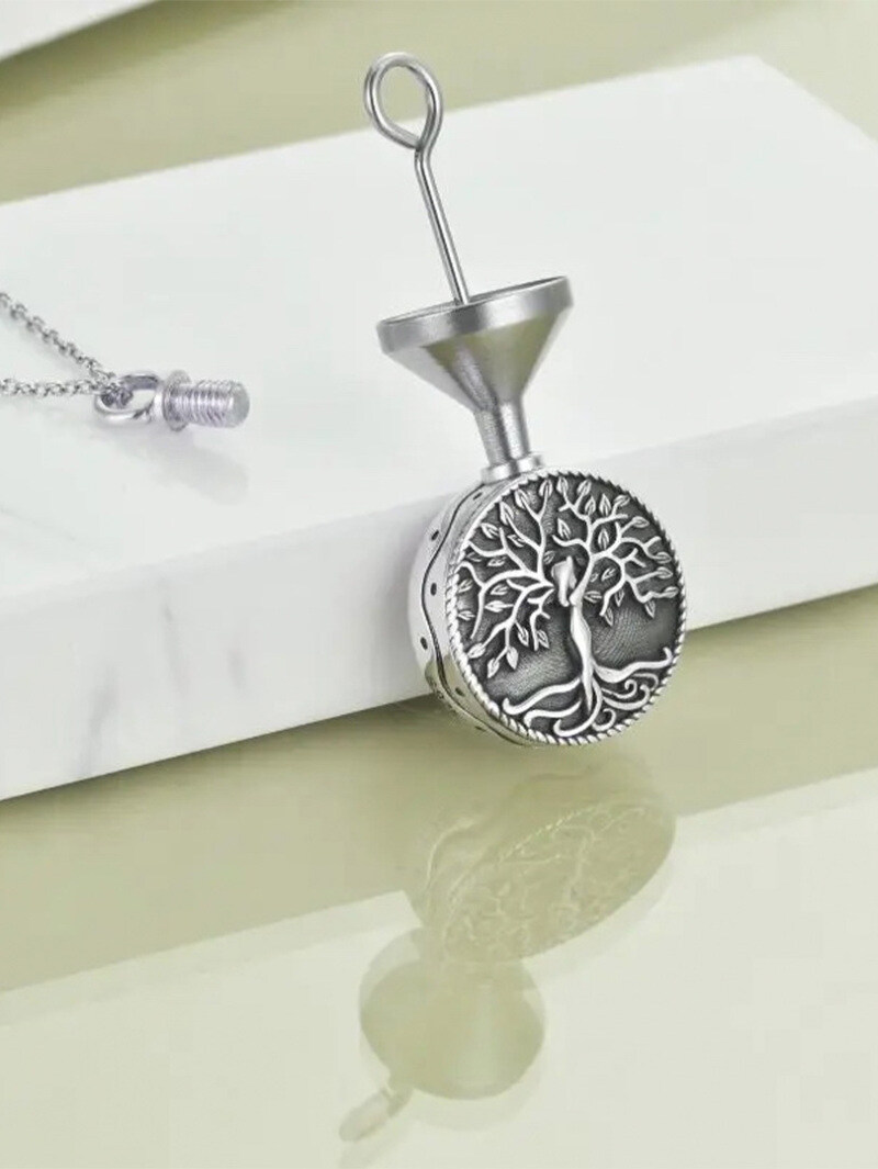 Sterling Silver Vintage Tree Of Life Urn Necklace for Ashes with Engraved Word-4