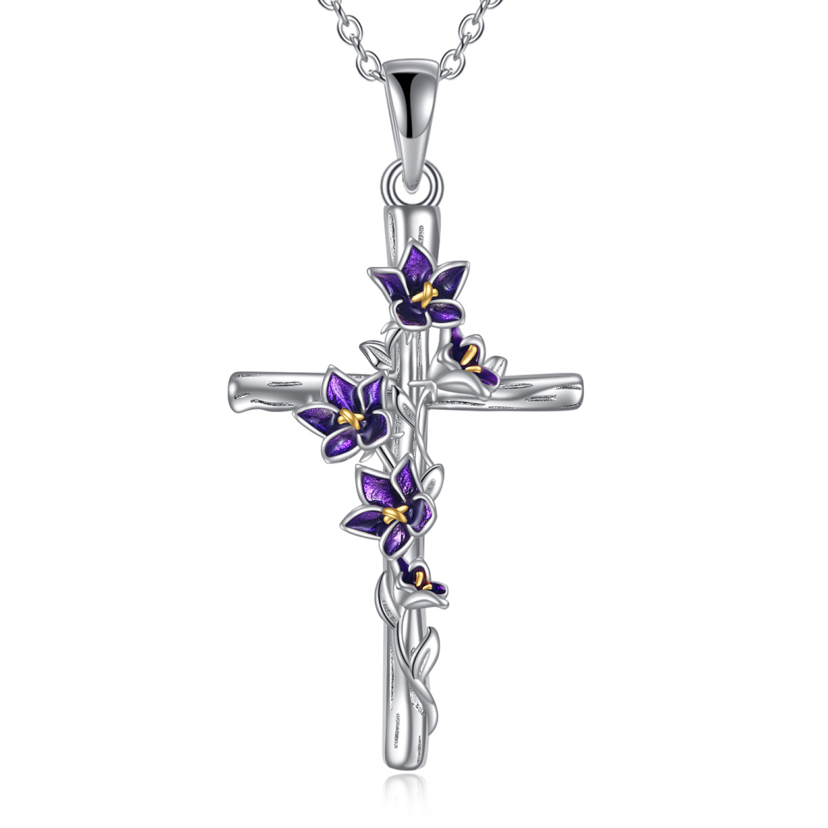 Collier en argent sterling avec pendentif violet et croix-1