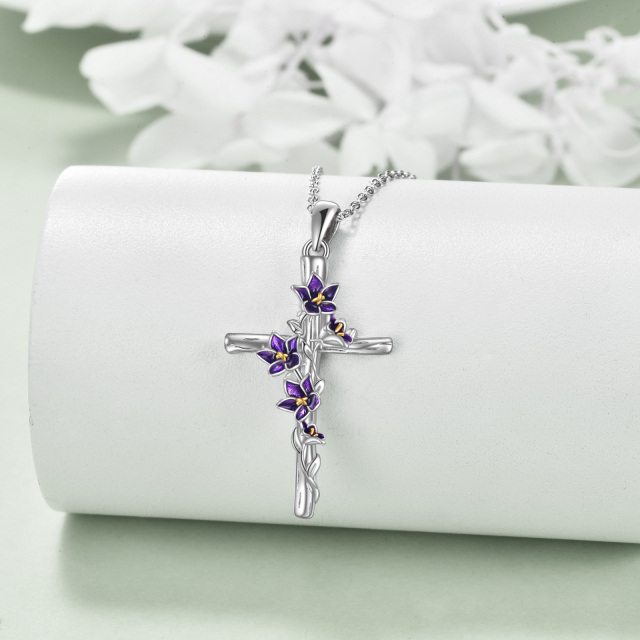 Collana con ciondolo a forma di croce e viola in argento sterling-3