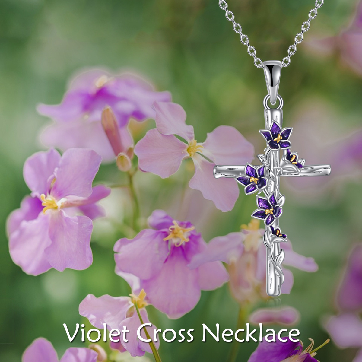 Sterling Silver Violet & Cross Pendant Necklace-5