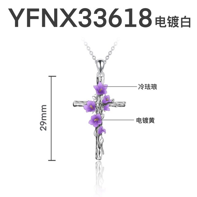 Collana con ciondolo a forma di croce e viola in argento sterling-7