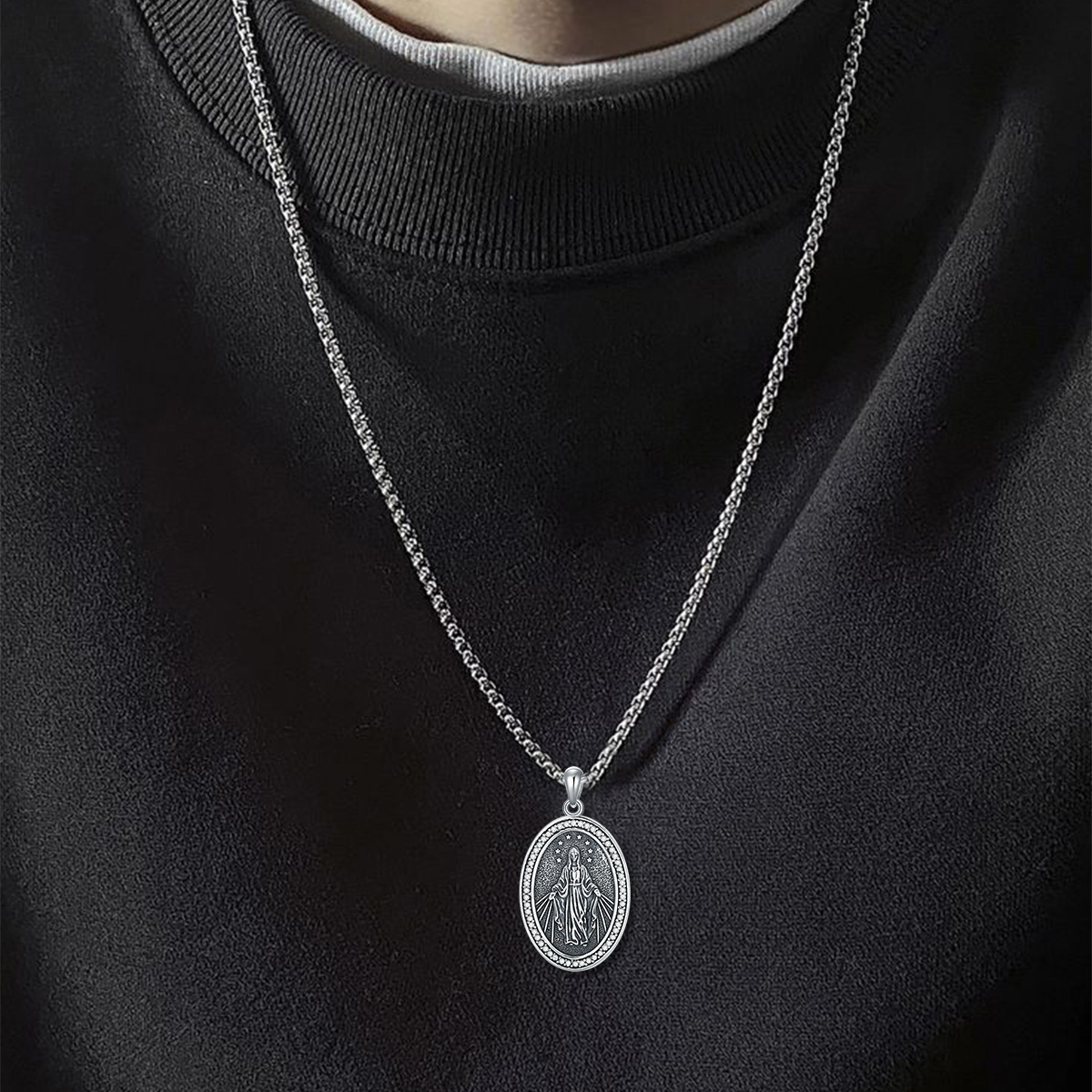 Collar de plata de ley con colgante de la Virgen María para hombre-2