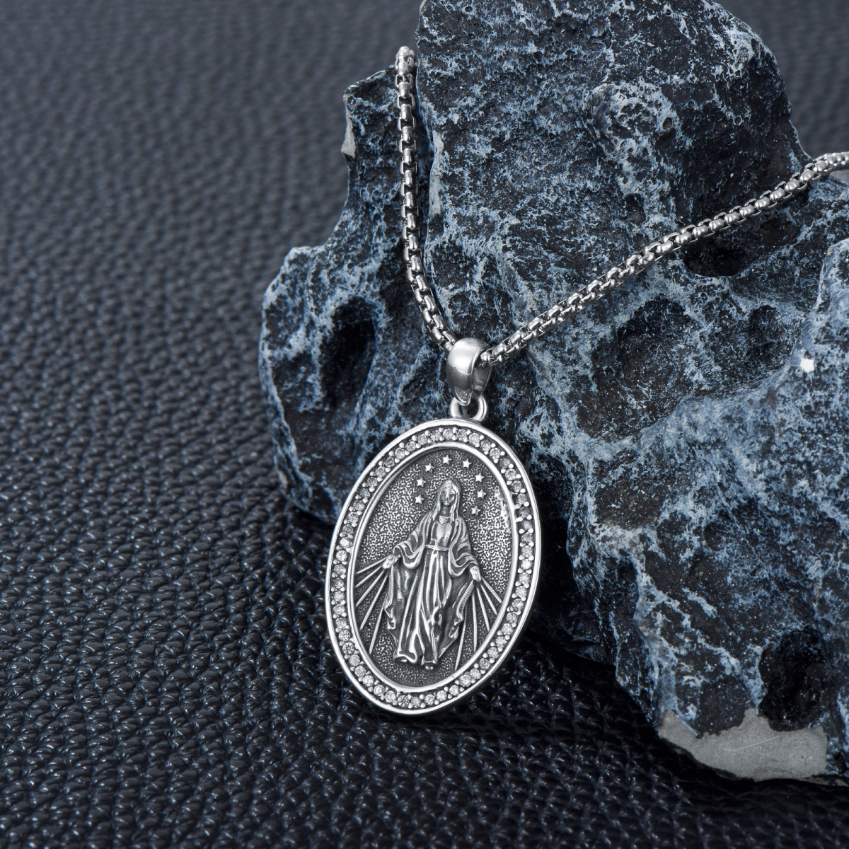 Sterling Silver Virgin Mary Pendant Necklace for Men-4