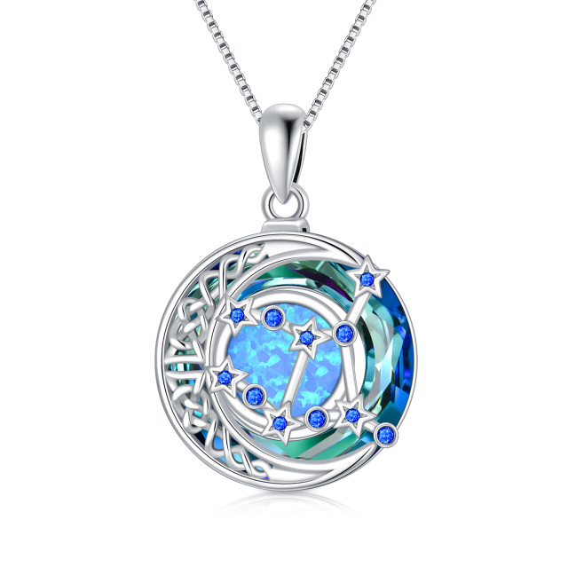 Sterling Silver Virgo Circular Opal With Crystal Pendant Necklace-1