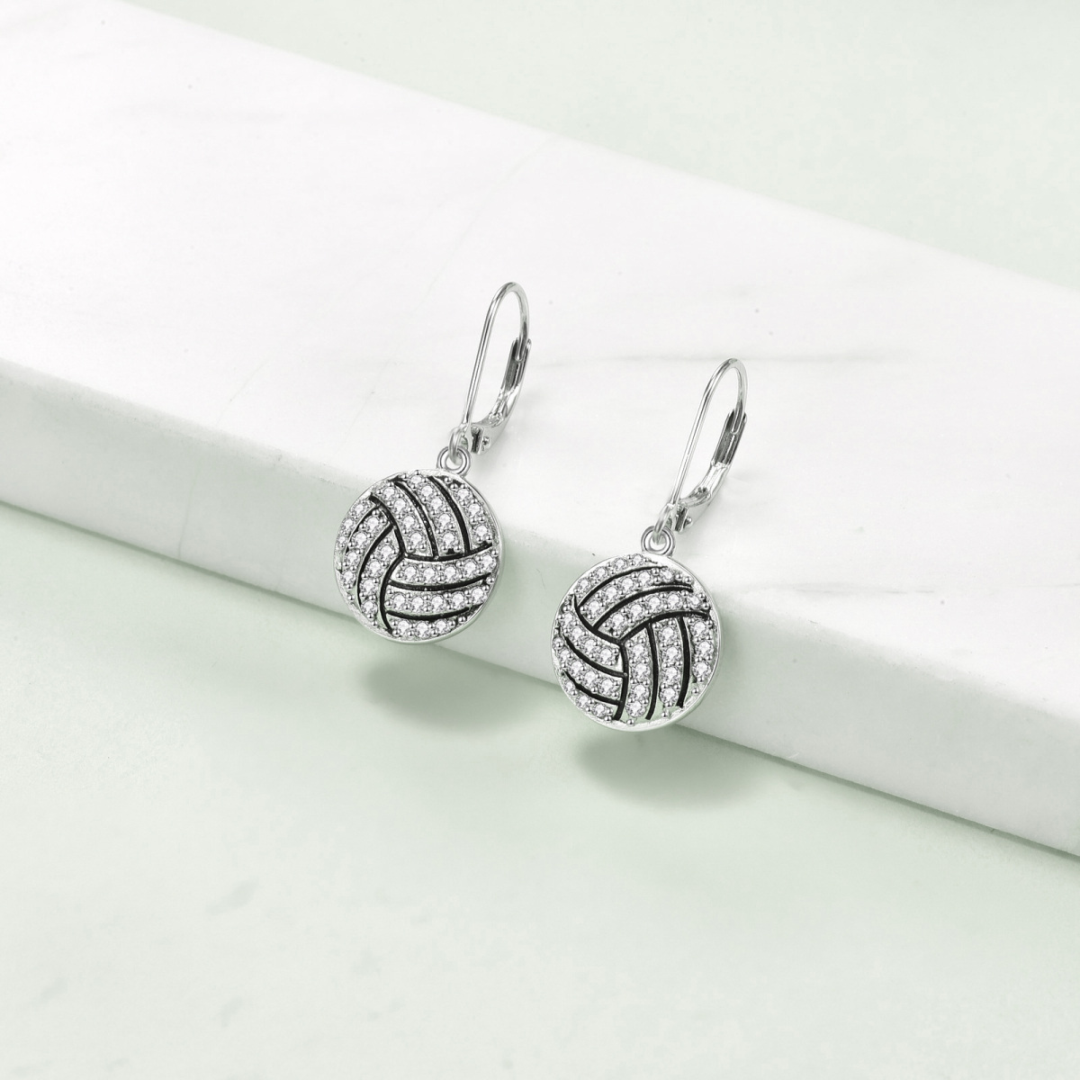 Sterling Silver Cubic Zirconia Volleyball Lever-back Earrings-4