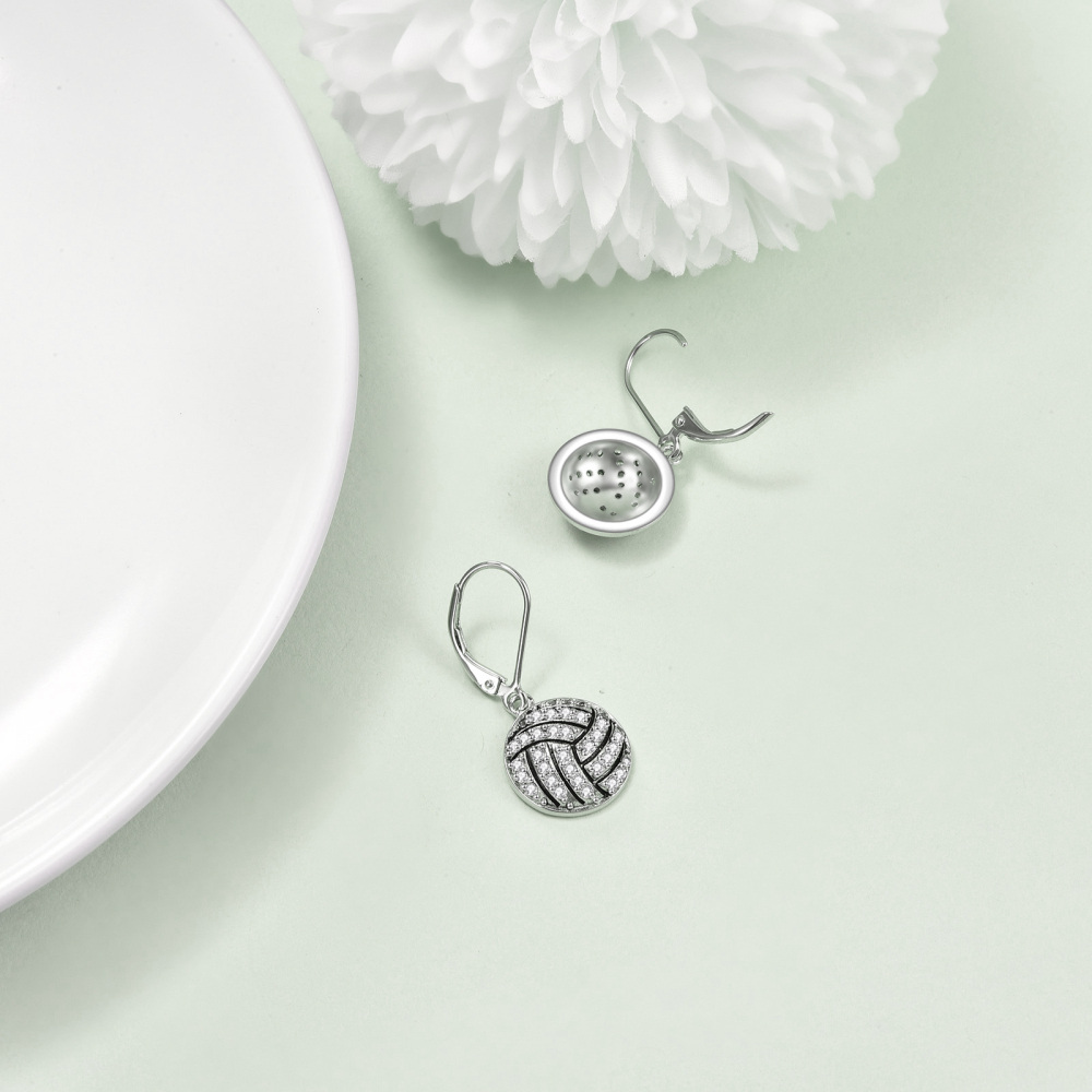 Sterling Silver Cubic Zirconia Volleyball Lever-back Earrings-5
