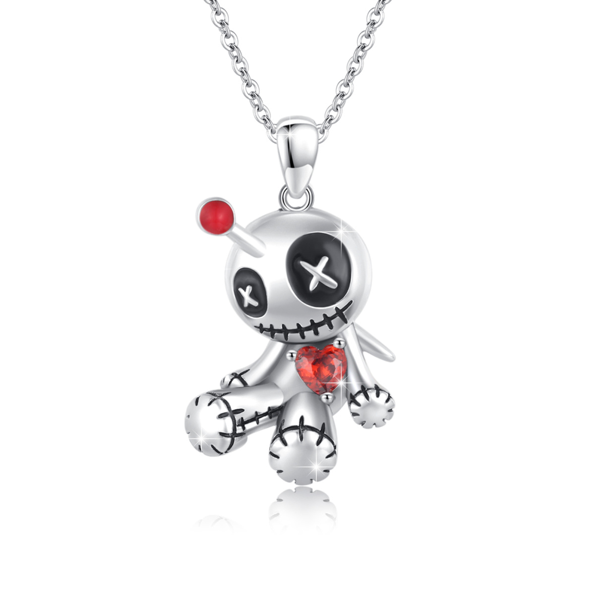 Sterling Silver Cubic Zirconia Voodoo Dolls Pendant Necklace-1