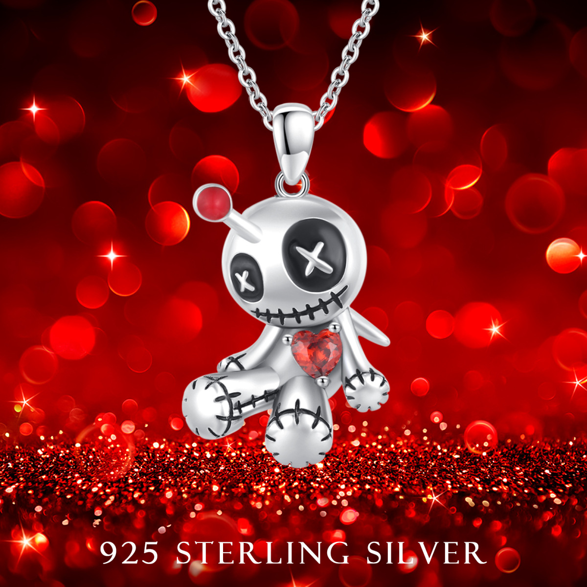 Sterling Silver Cubic Zirconia Voodoo Dolls Pendant Necklace-3