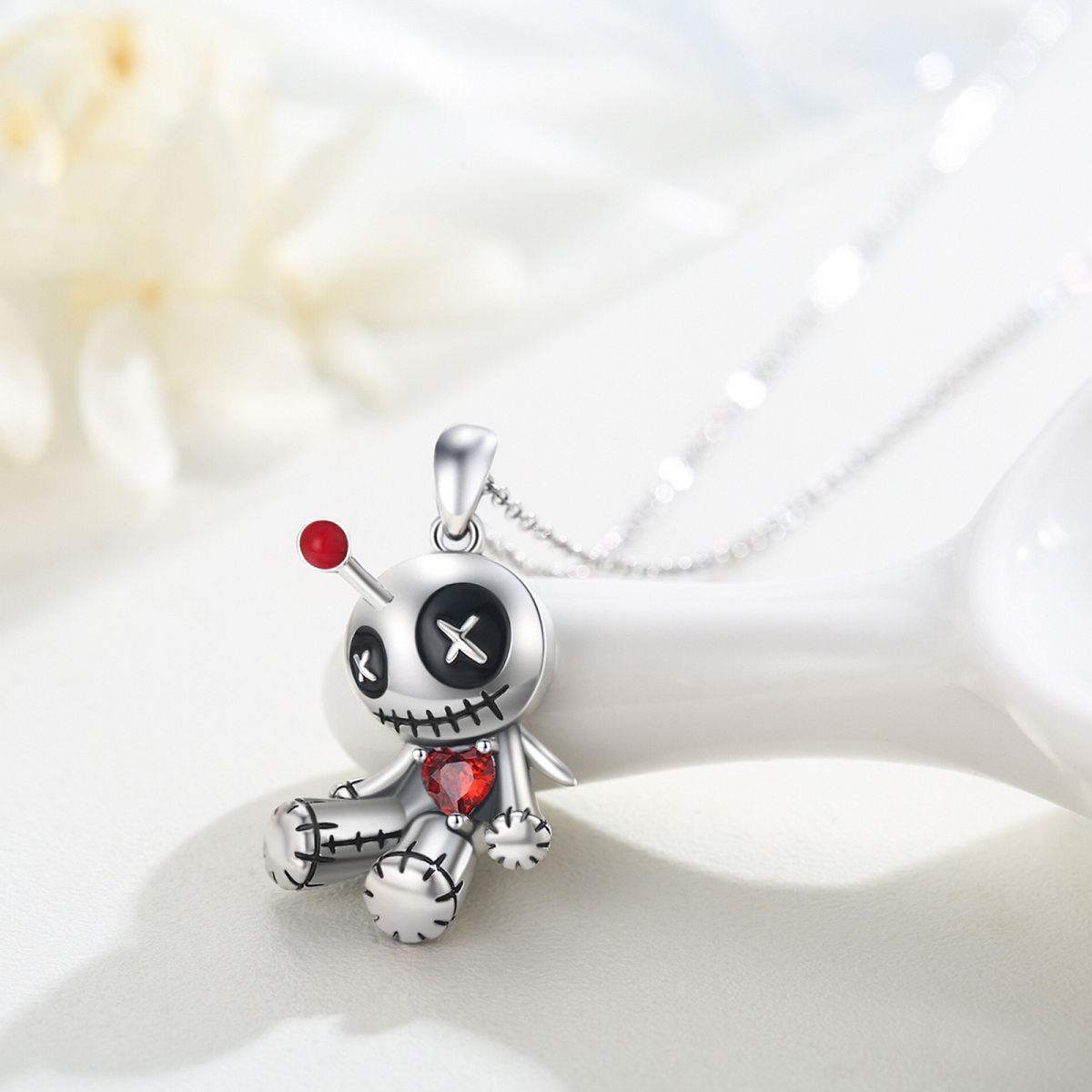 Sterling Silver Cubic Zirconia Voodoo Dolls Pendant Necklace-4