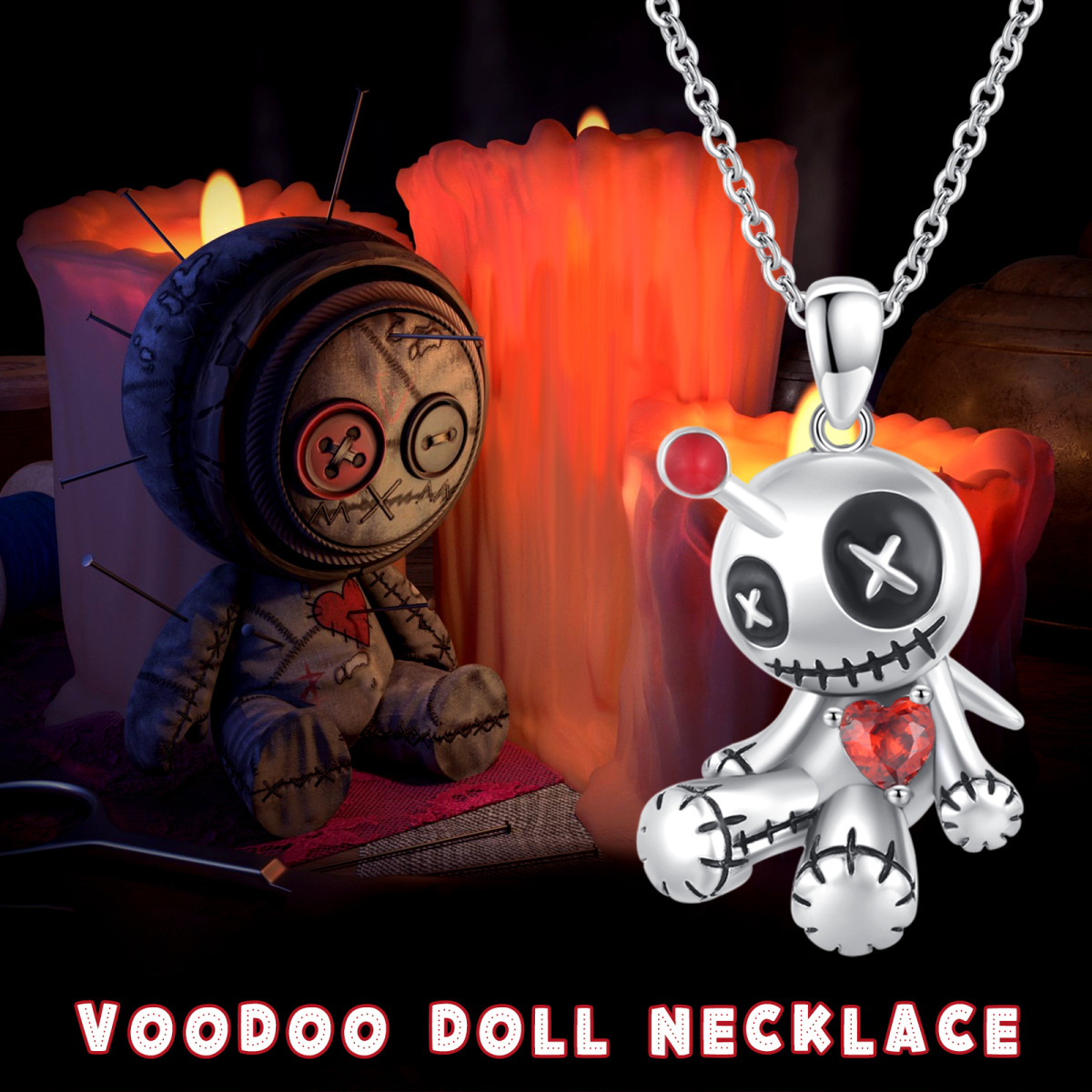 Sterling Silver Cubic Zirconia Voodoo Dolls Pendant Necklace-6