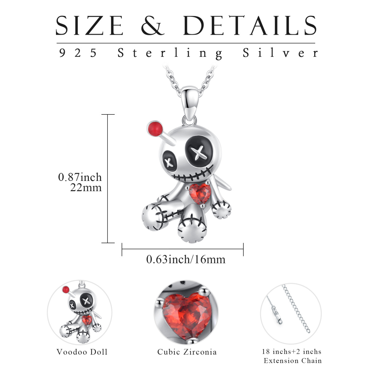 Sterling Silver Cubic Zirconia Voodoo Dolls Pendant Necklace-7