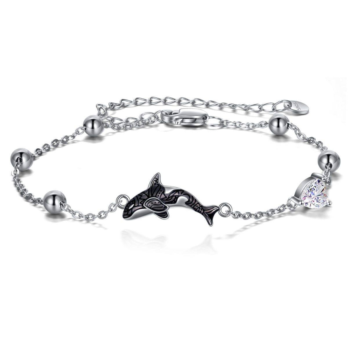 Sterling Silver Cubic Zirconia Whale Charm Bracelet-1