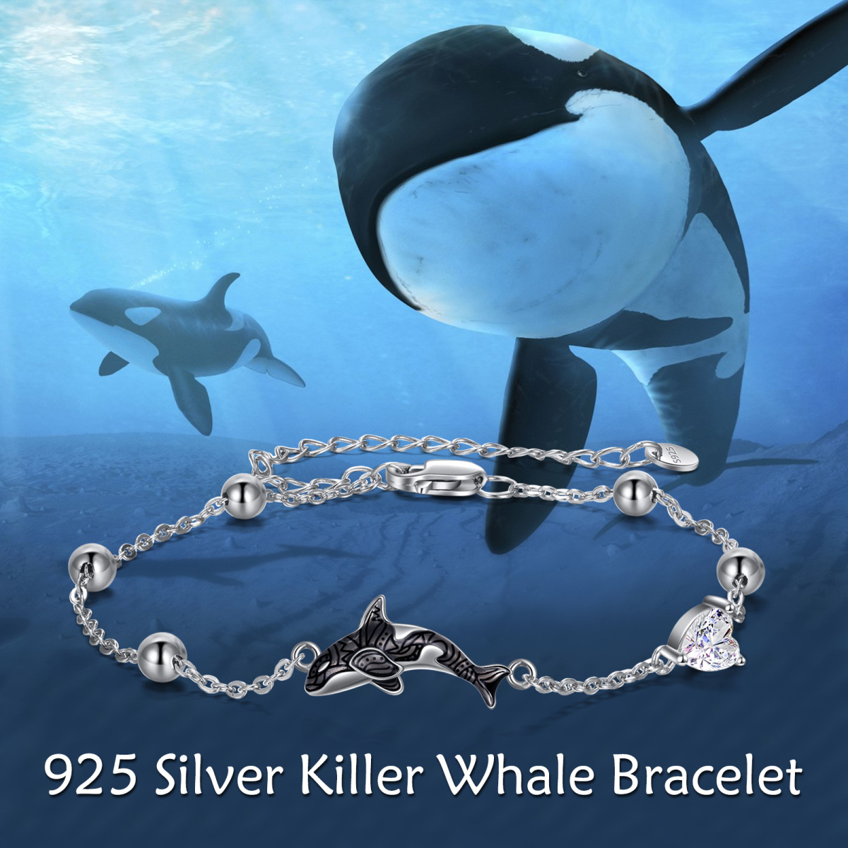 Pulsera de plata de ley con colgante de ballena de circonita cúbica-3