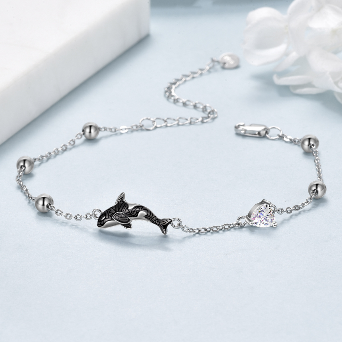 Sterling Silver Cubic Zirconia Whale Charm Bracelet-5