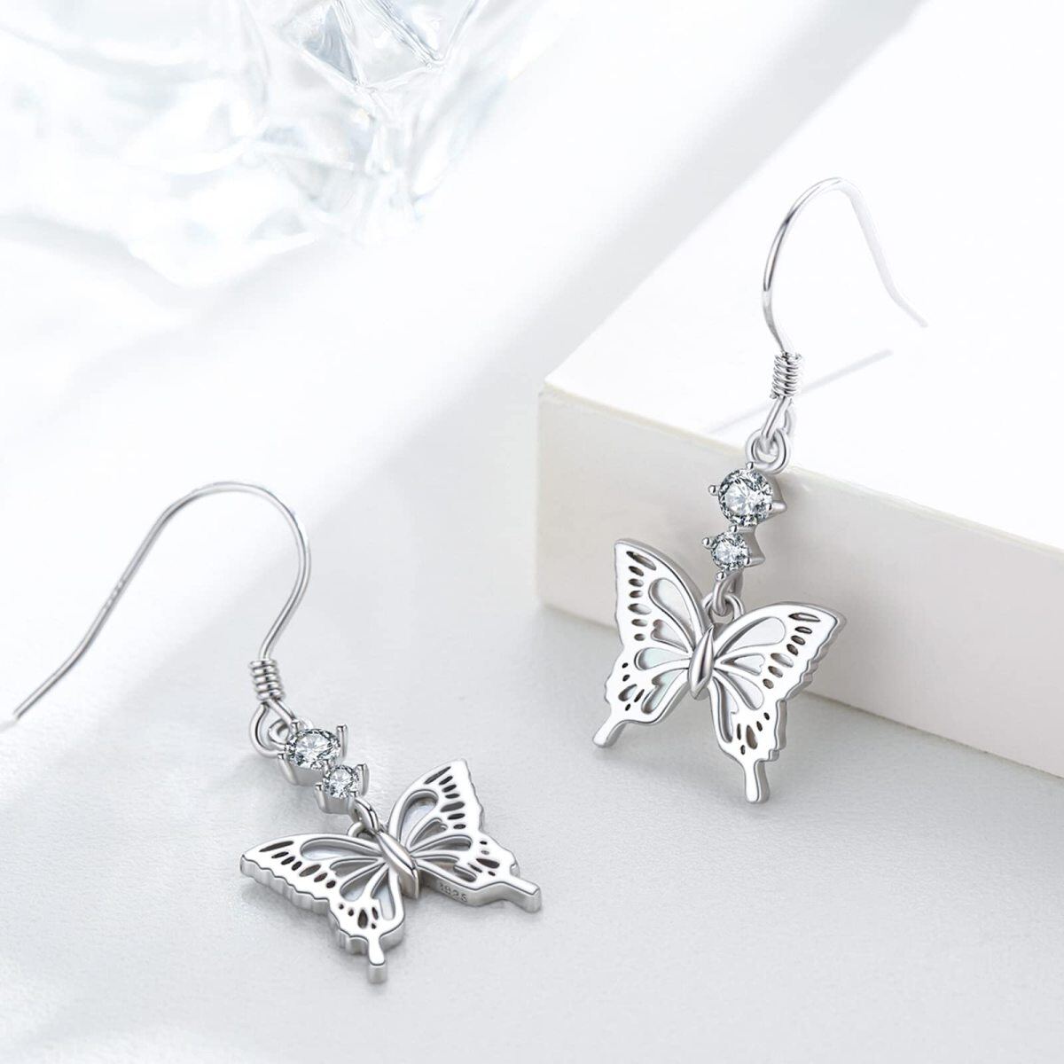 Sterling Silver Cubic Zirconia White Butterfly Drop Earrings for Women-4