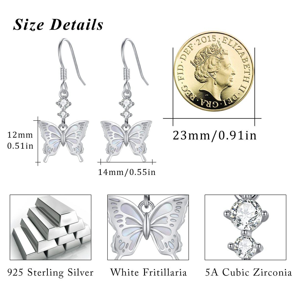 Tropfenohrringe aus Sterlingsilber mit weißem Zirkonia und Schmetterling für Damen-5