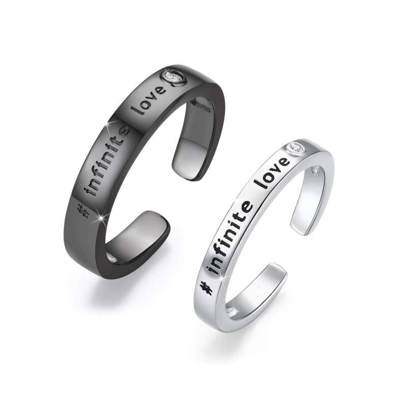 Sterling Silver White Gold & Black Color Couple Rings Band Engraved Infinite Love For Unisex