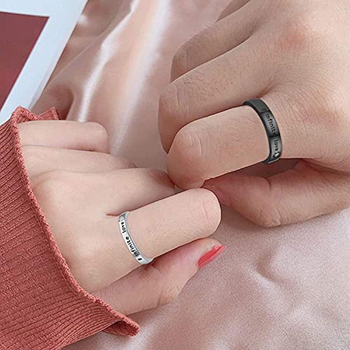 Sterling Silver White Gold & Black Color Couple Rings Band Engraved Infinite Love For Unisex-2