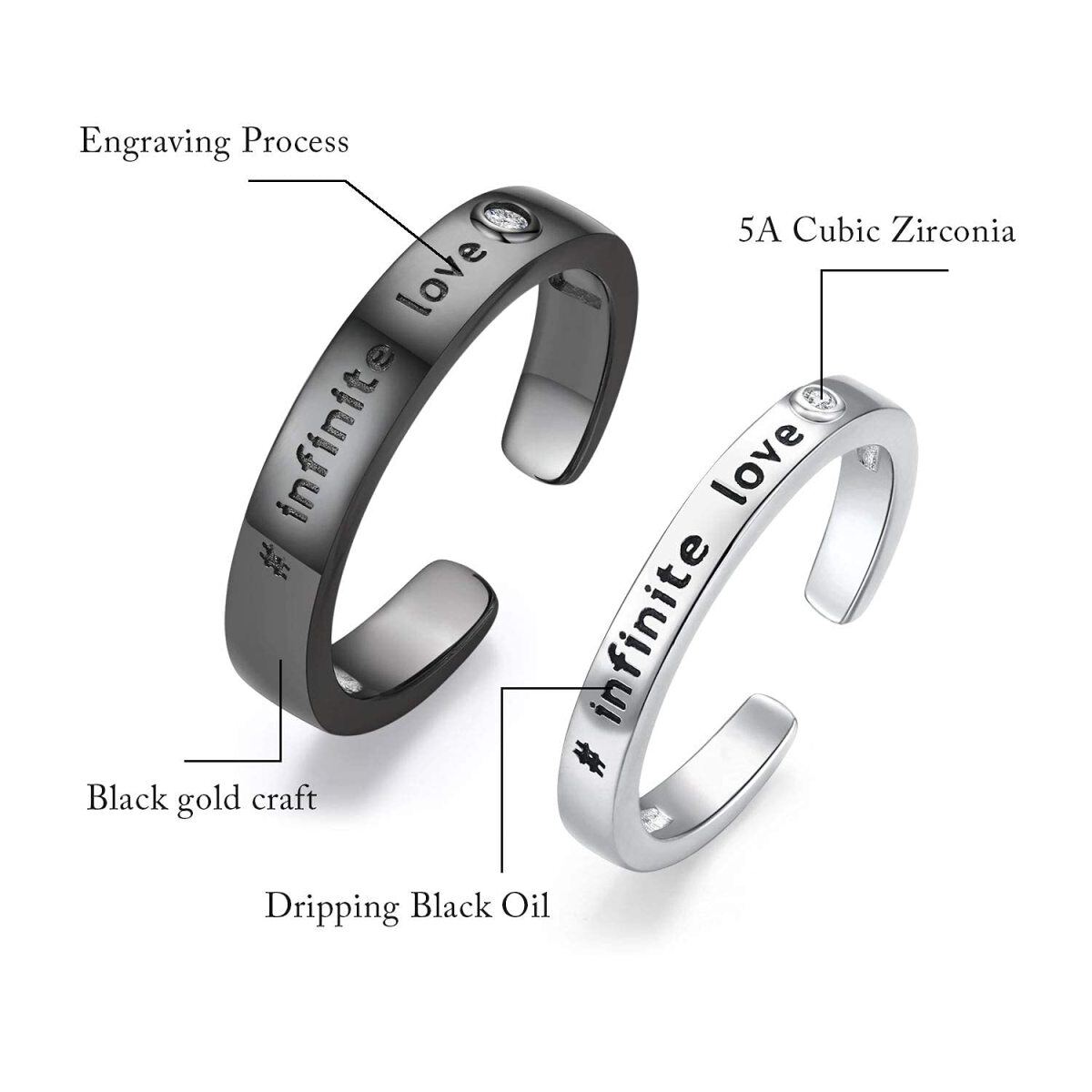 Sterling Silver White Gold & Black Color Couple Rings Band Engraved Infinite Love For Unisex-3