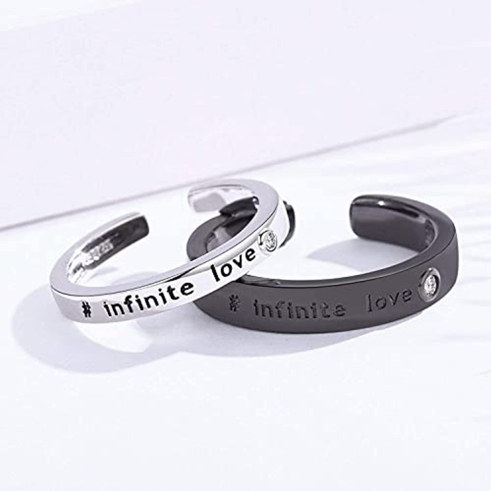 Anéis de casal em prata esterlina, ouro branco e cor preta, gravados, amor infinito para unissex-4