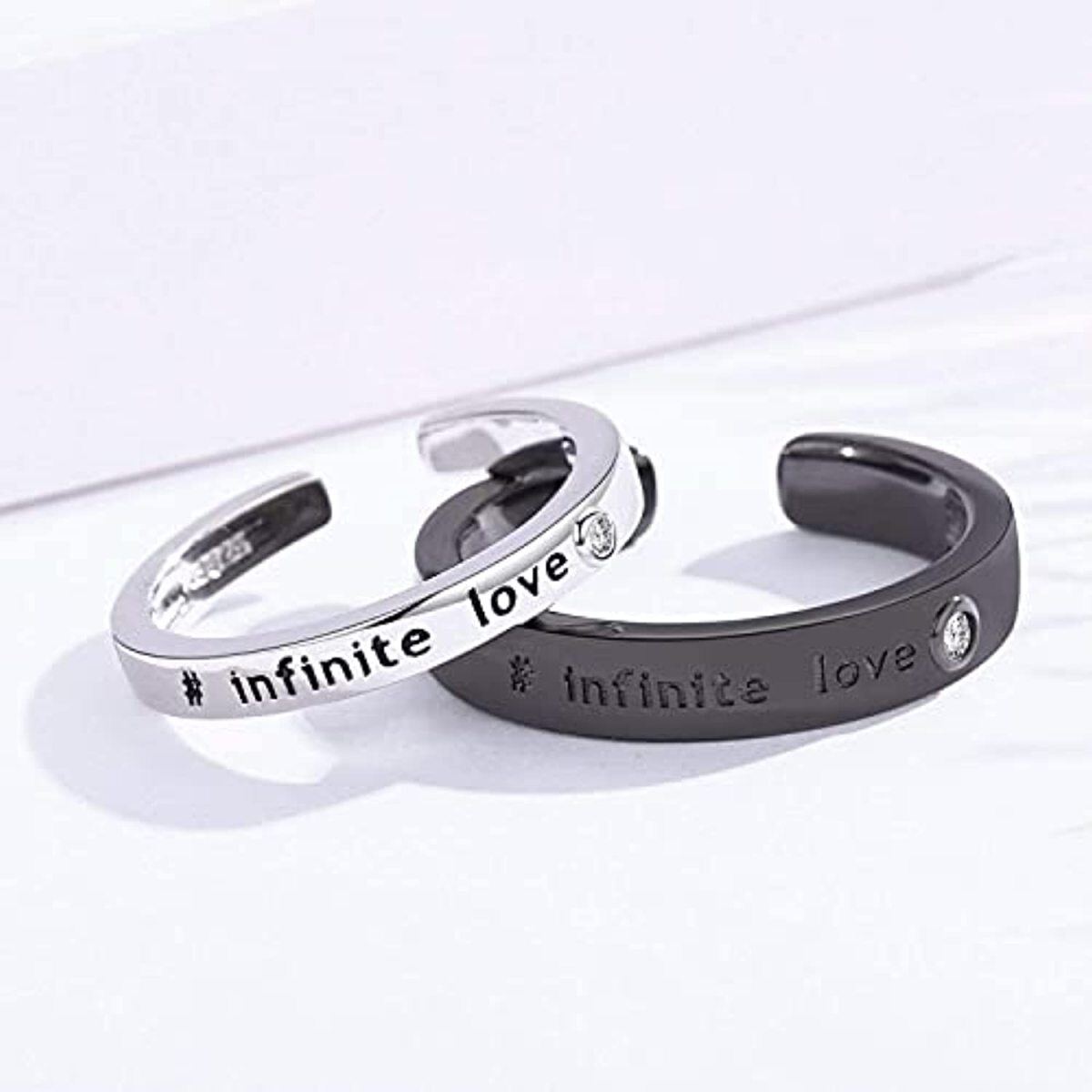 Sterling Silver White Gold & Black Color Couple Rings Band Engraved Infinite Love For Unisex-4