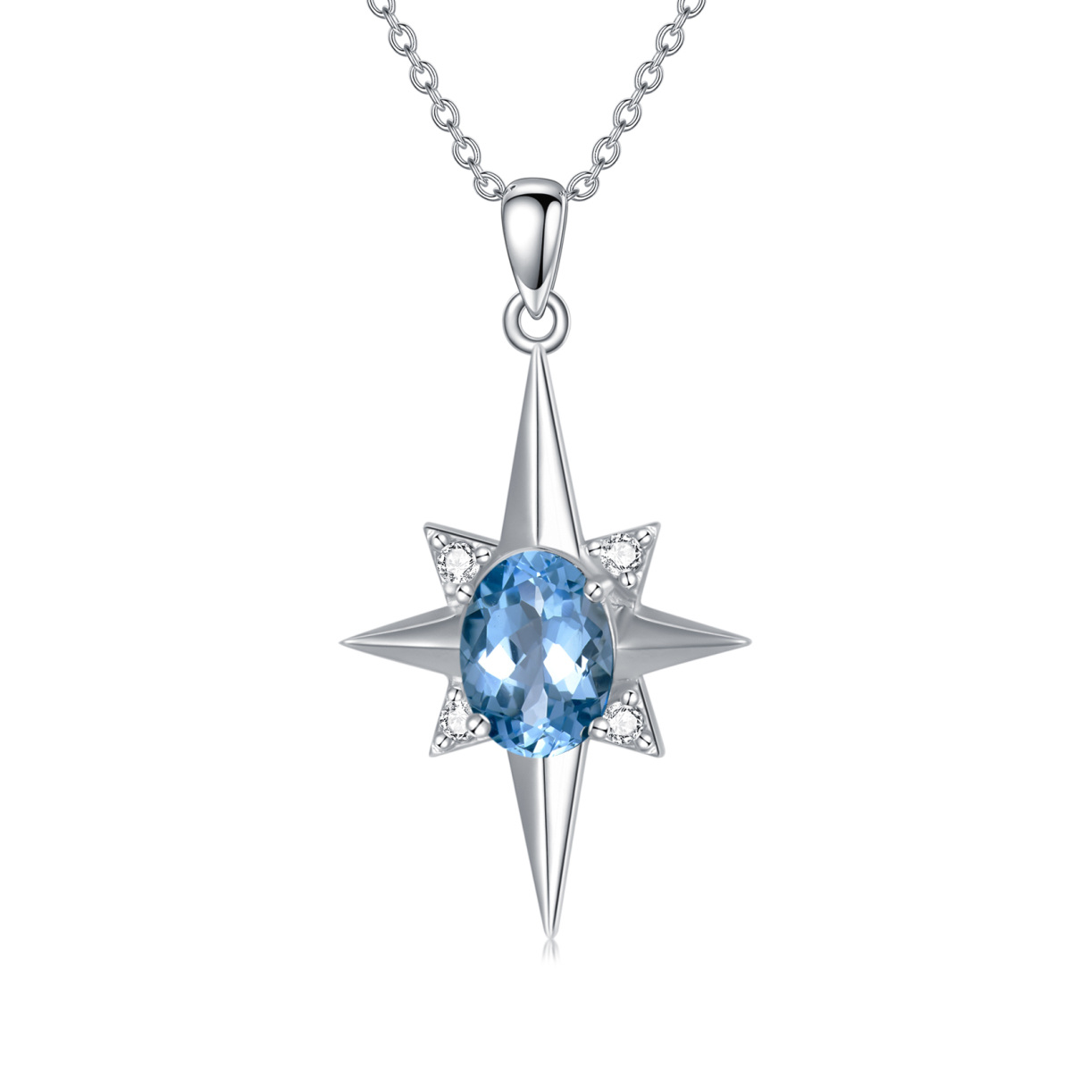 Sterling Silver White Gold Plated Blue Topaz Star Pendant Necklace-1