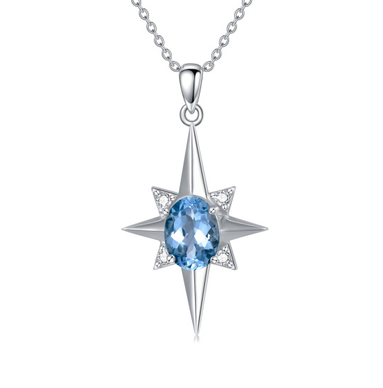 Sterling Silver White Gold Plated Blue Topaz Star Pendant Necklace