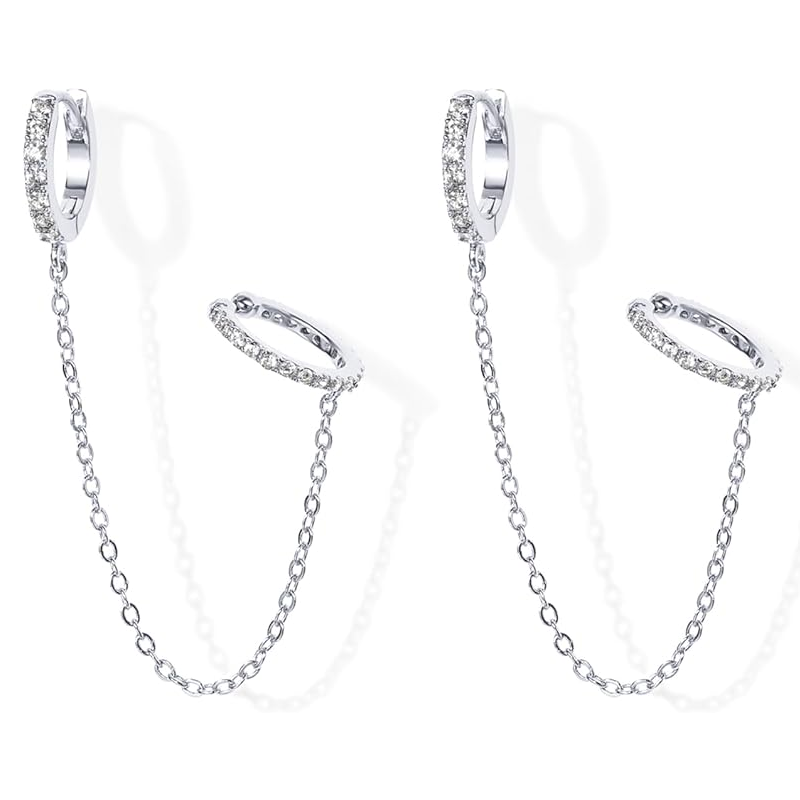Sterling Silver with White Gold Plated CZ Double Piercing Dangle Chain Huggie Hoop Earrings-1