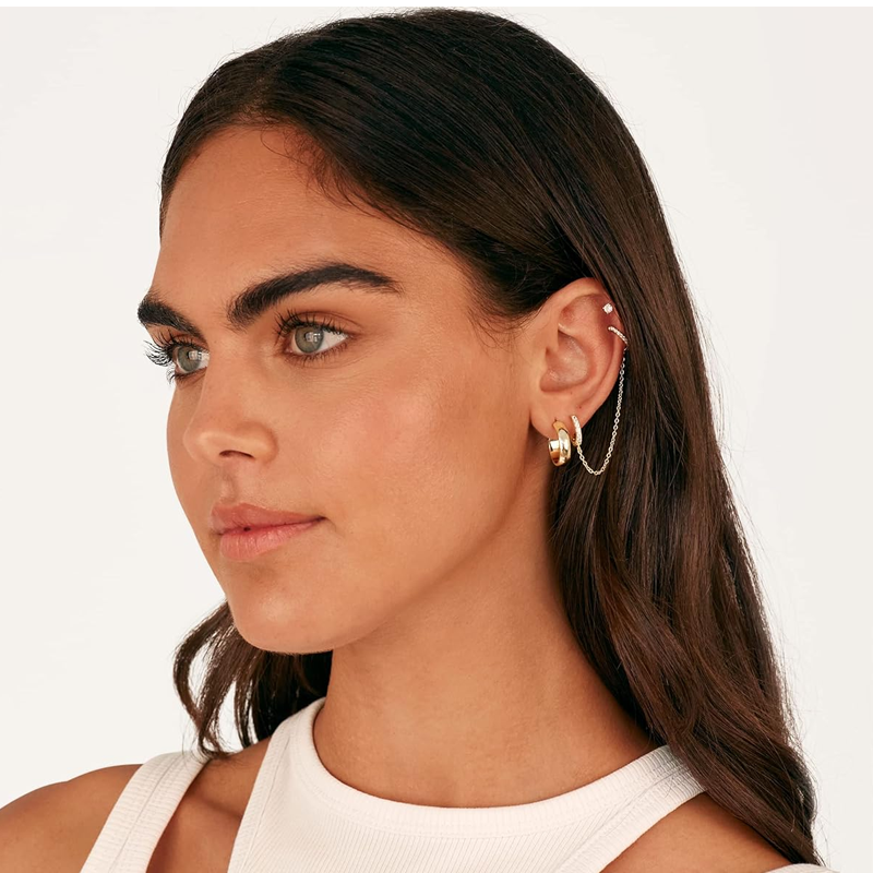 Sterling Silver with White Gold Plated CZ Double Piercing Dangle Chain Huggie Hoop Earrings-2