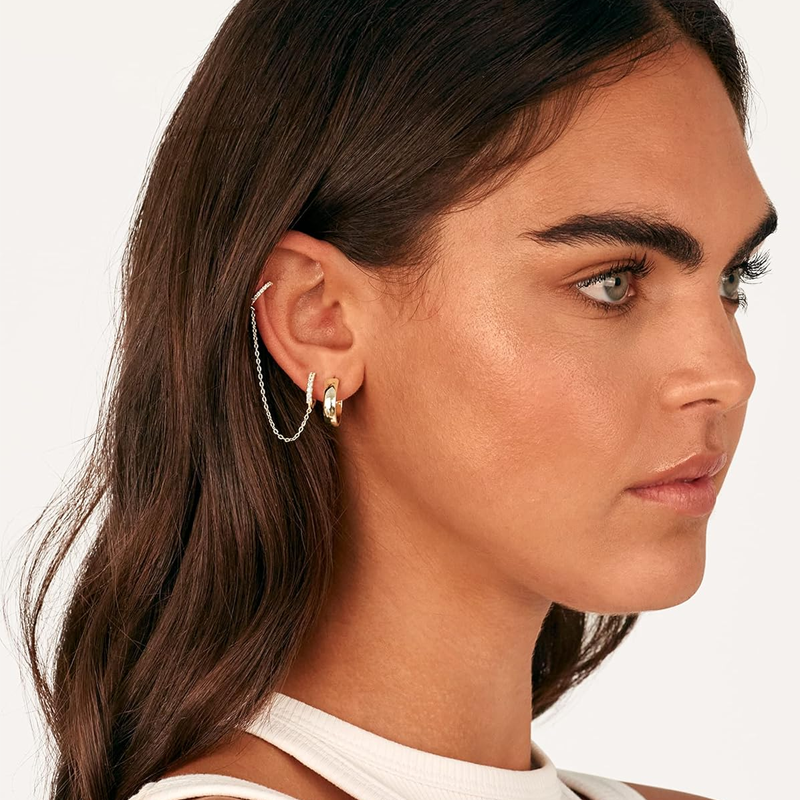 Sterling Silver with White Gold Plated CZ Double Piercing Dangle Chain Huggie Hoop Earrings-3