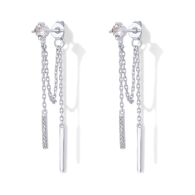 Brincos em prata de lei com pinos de zircónia cúbica banhados a ouro branco, pendentes, com corrente e enfiadores de bolas-20