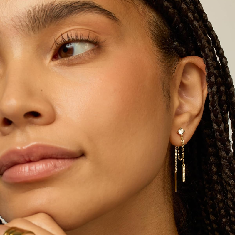 Brincos em prata de lei com pinos de zircónia cúbica banhados a ouro branco, pendentes, com corrente e enfiadores de bolas-2