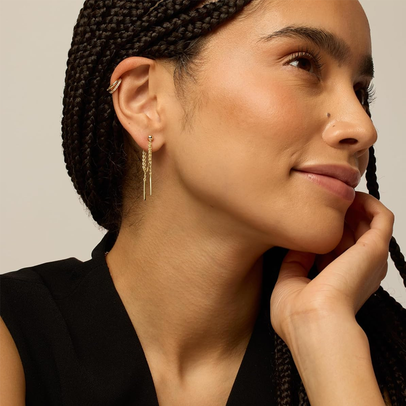 Brincos em prata de lei com pinos de zircónia cúbica banhados a ouro branco, pendentes, com corrente e enfiadores de bolas-3