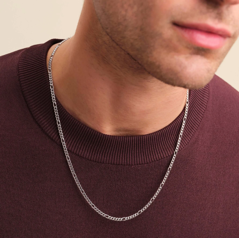 Sterling Silver with White Gold Plated Figaro Chain Necklace for Men 3mm-2